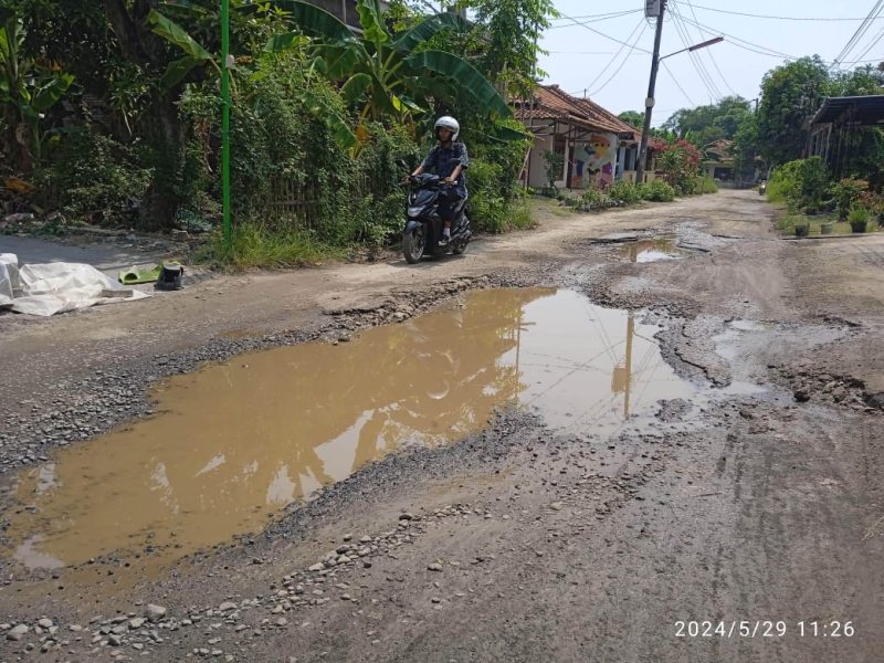 Kondisi jalan kabupaten di Desa Kalimati, Kecamatan/Kabupaten Brebes, Jawa Tengah dalam keadaan rusak berat.