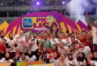 Selebrasi kemenangan Jakarta BIN yang berhasil menjuarai Pro Liga Putri 2024 di Indonesia Arena pada Sabtu, 20 Juni 2024